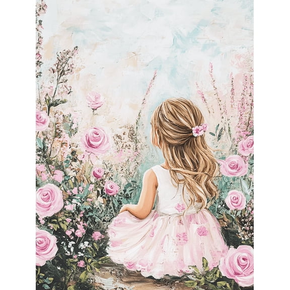 Pink Roses and Girl Canvas Painting, Suitable for Living Room, Bedroom, Nursery, Bathroom, and Office Decoration.