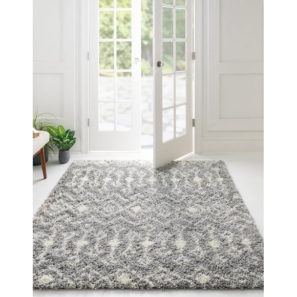 Rugs.com Moroccan Trellis Shag Collection Rug – 8' Square Gray Shag Rug Perfect for Living Rooms, Kitchens, Entryways