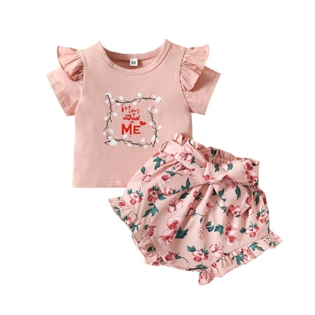 

Musuos Baby Girl Shorts Set Letter Print Ruffle Trim Short Sleeve Crew Neck Tops + Floral High Waist Shorts with Belt