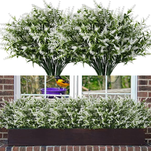 8PCS Artificial Flowers Faux Plastic Lavender Bouquets UV Resistant No Fade Faux Greenery for Home Garden Bridal Bouquet Hanging Planter Porch Patio Yard Office Wedding Décor(White)