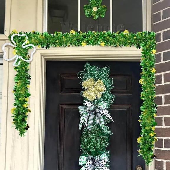 Outoloxit St. Patrick's Day Wreath, Shamrock Wall Hanging Decor with Green Bells, 78 Inch Long 5-Layer Foliage Garland for Home, Door, Window, Festival Party