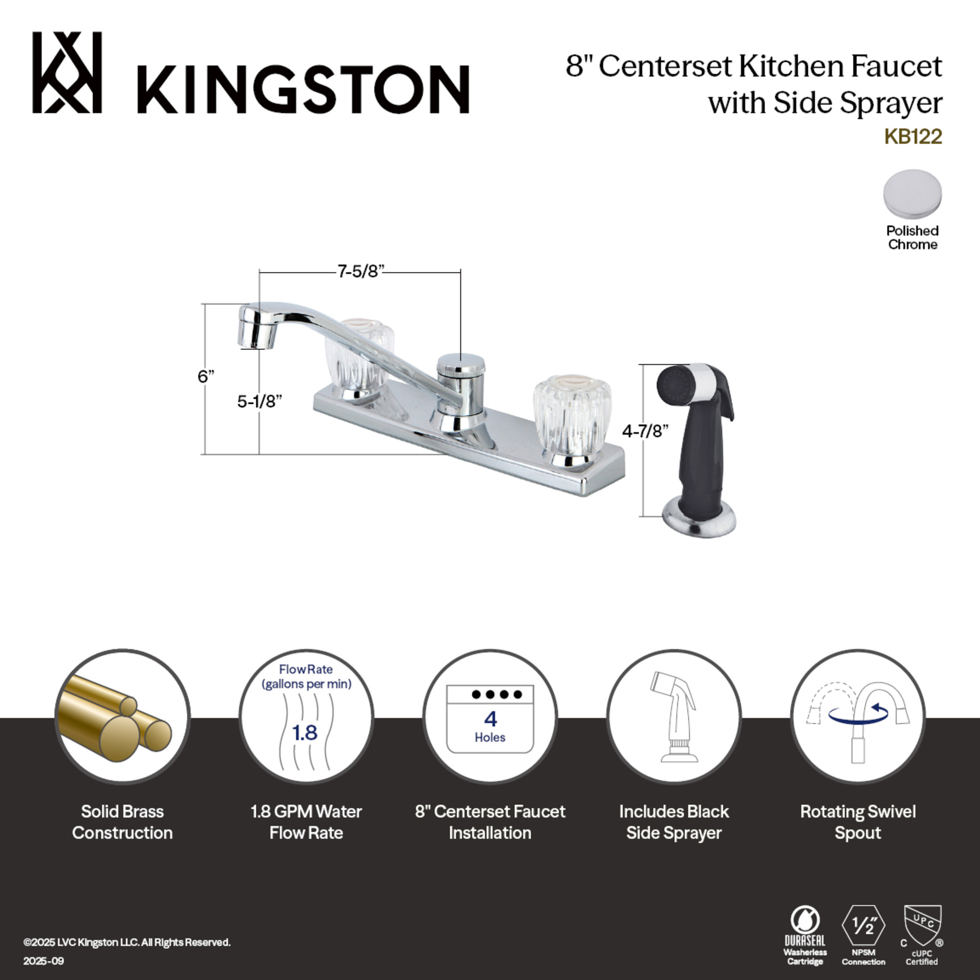 Kingston KB122 Americana Two-Handle 4-Hole 8" Centerset Kitchen Faucet with Side Sprayer in Polished Chrome