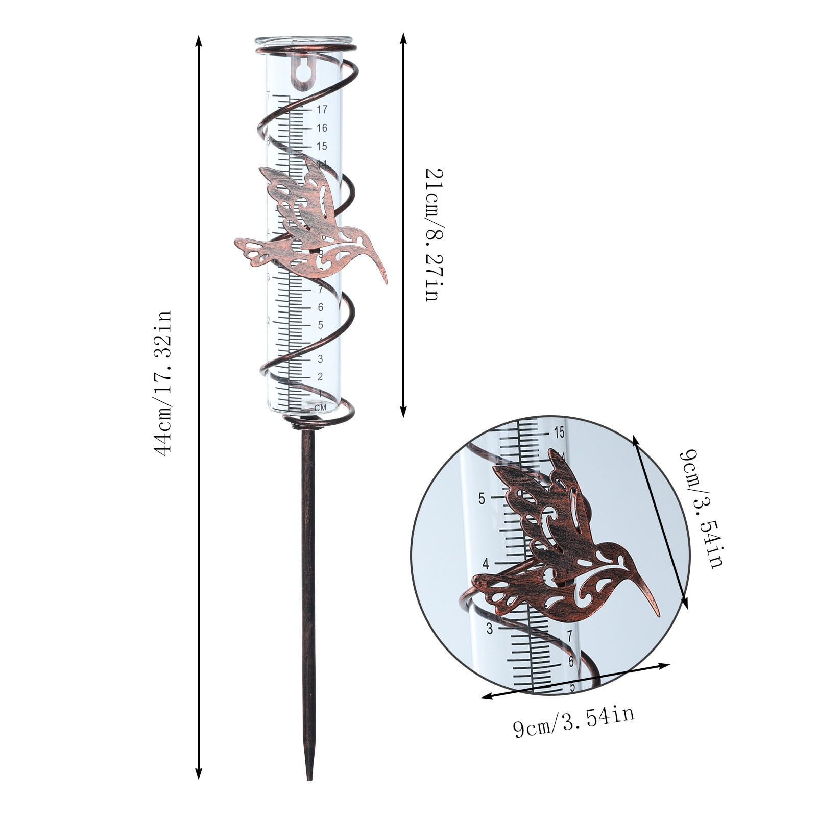 Xheghe Hummingbird Glass Rain Gauge - 7 Inch Accurate Measurement with Decorative Bird Stake for Garden and Backyard