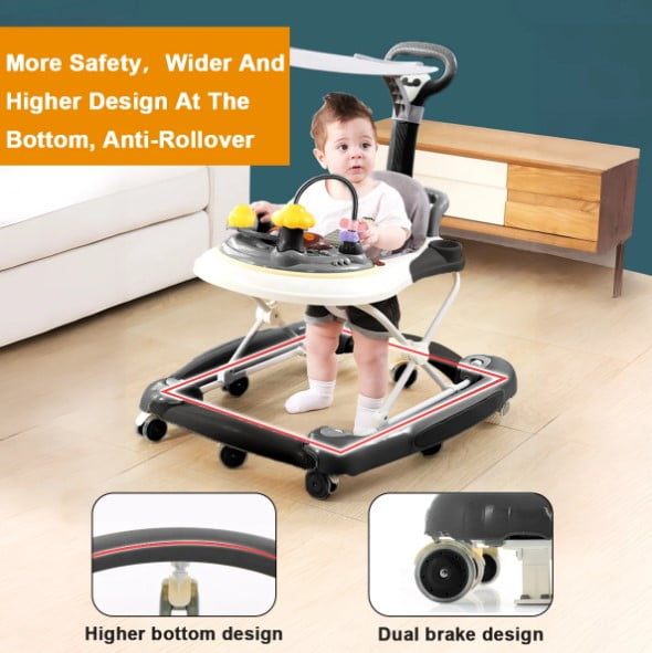 LHUAI Baby Walker With Bouncer, Removable Footrest, Feeding Tray & Music, Foldable & Adjustable Activity Walker For Boys And Girls, Toddler Infant, Black