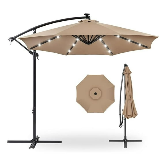 Yunken 10ft Solar LED Offset Hanging Market Patio Umbrella for Backyard, Poolside w/Easy Tilt Adjustment, Polyester Shade, 8 Ribs, Tan