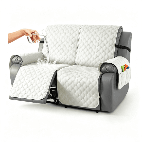 ARLAJO 100% Waterproof Loveseat Recliner Covers Reversible, Off White | Dual Recliner Protector with Leg Straps, Washable 2 Seat Reclining Sofa Slipcover with Storage Pocket for Pets &Amp; Kids