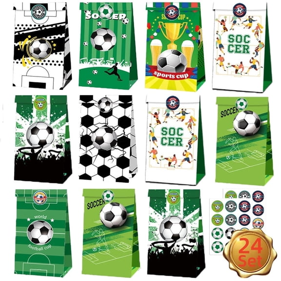 Soccer Party Bags with Stickers, Snack & Candy Goodie Bags for Teams, 24-Pack