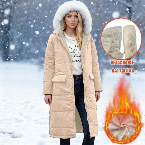 Women's Mid-Length Hooded Cotton Coat, Faux Fur Trim Parka, Long Sleeve Quilted Jacket, Casual Streetwear Coat, Drawstring Waist Puffer Coat, Cold Weather Outerwear Beige