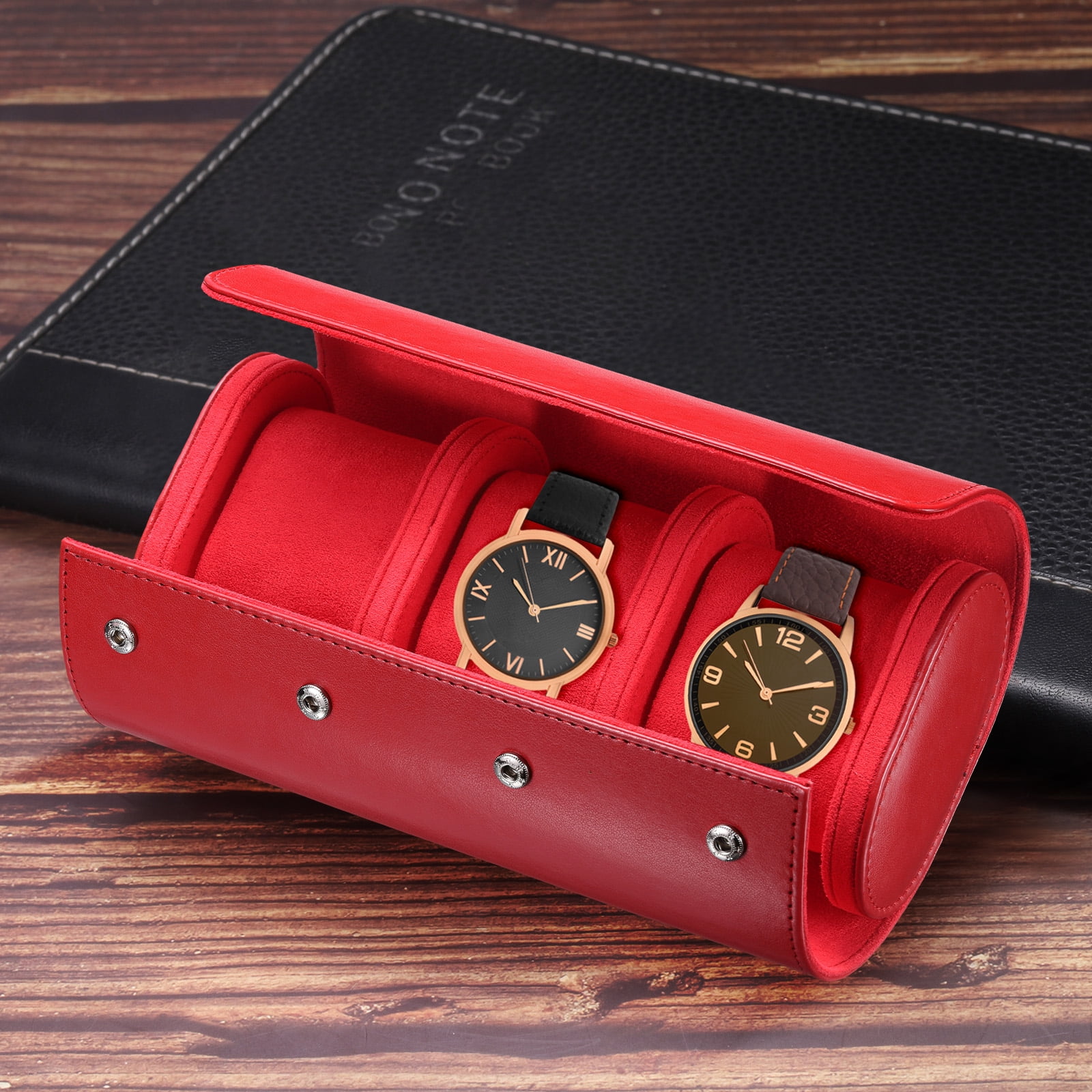 Unique Bargains Leather Watch Case Roll Storage Box Organizer 8.07"x 3.94"x2.76" Red
