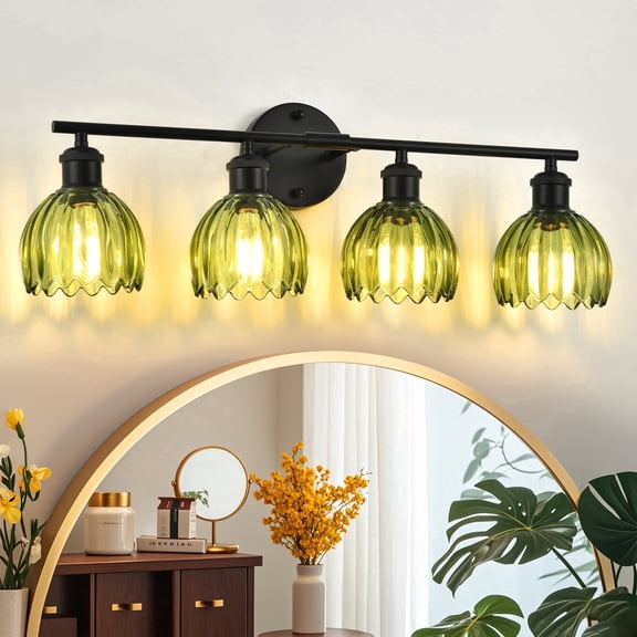 GCGAFUL Modern Black Bathroom Vanity Light, 26 in. 4-Light Wall Sconce with Green Tulip Glass Shade