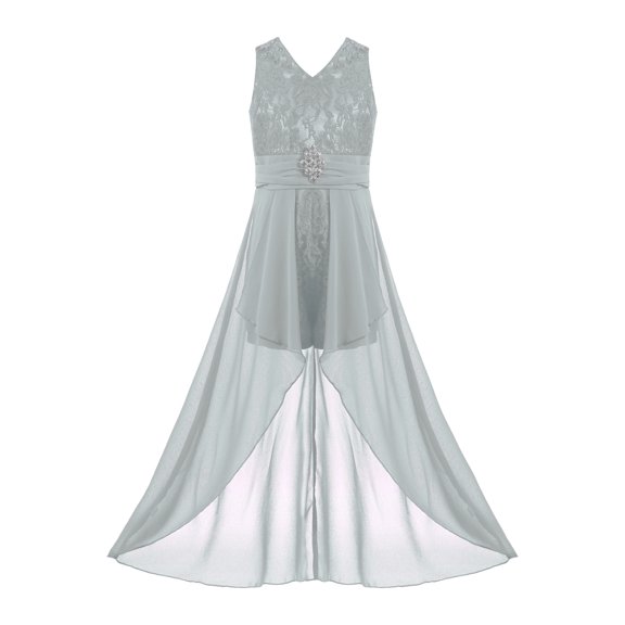 Yeahdor Kids Girls V Neck Chiffon Romper Dress Special Occasion Maxi Dress Birthday Party Bridesmaid Gown