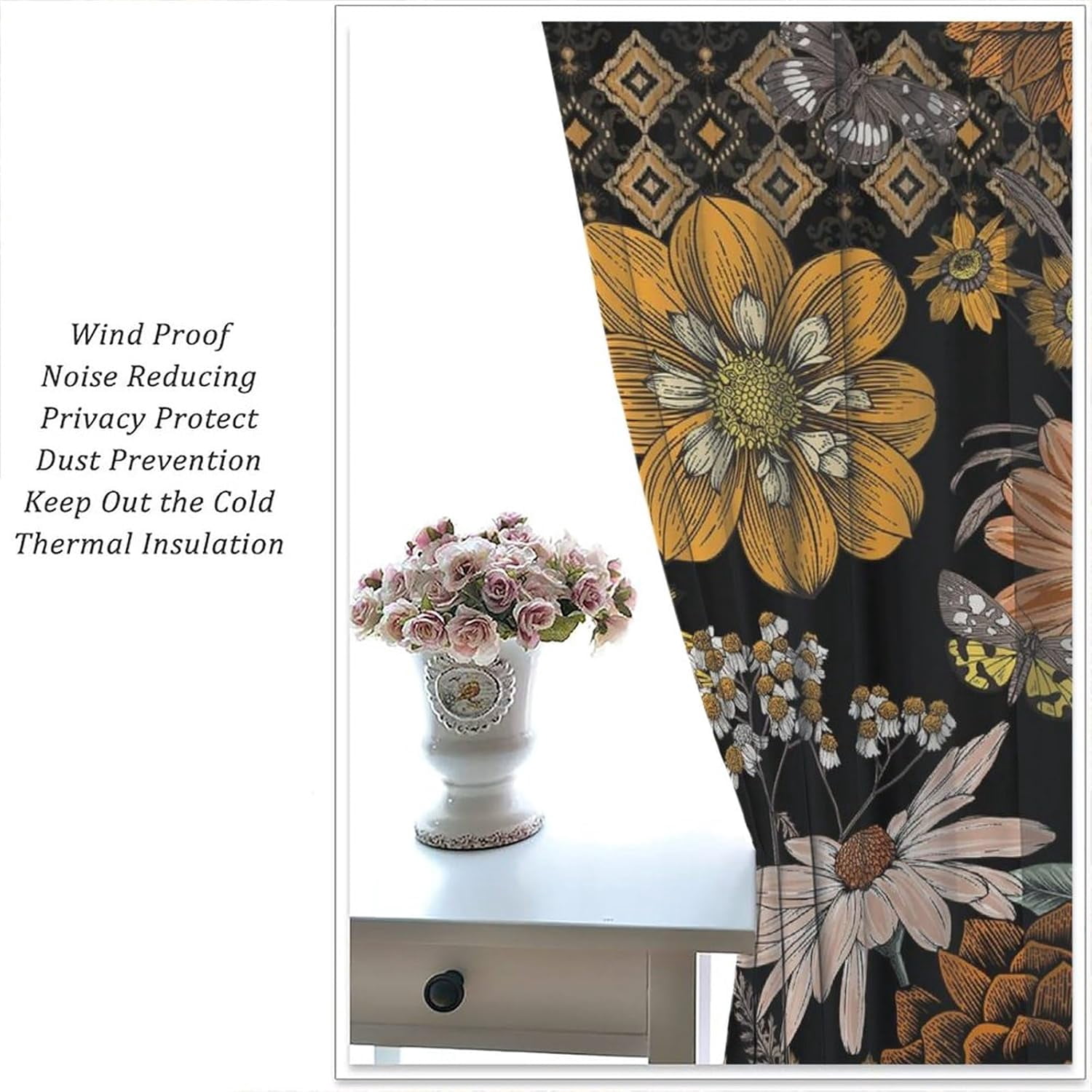 Boho Flower Curtains for Living Room, Vintage Paisley Floral Window Treament for Bedroom, Retro Bohemian Floral Print Blackout Drapes 2 Panel Sets,55x63 Inch