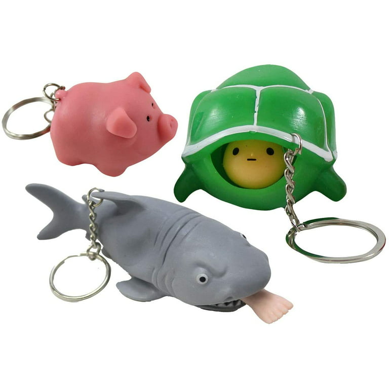 Set of 3 Fun Pop-Out Fidget Keychain Toys - Pooping Pig, Shark Attack,  Turtle -Squeeze to Pop Head out of Shell - Chain Clip OT Funny Gag Gift