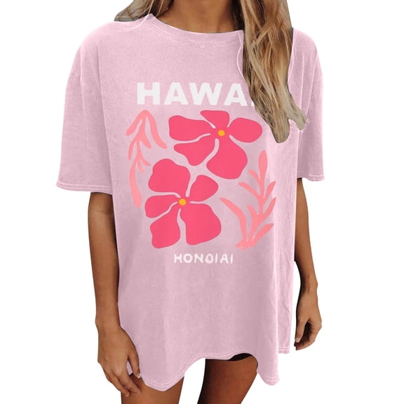 Wang6 Plus Size Graphic Tshirts for Womens Summer Short Sleeve Hawaii Honoiai Printed Tops Causal Loose Fit Beach Tees 0522liPink XL