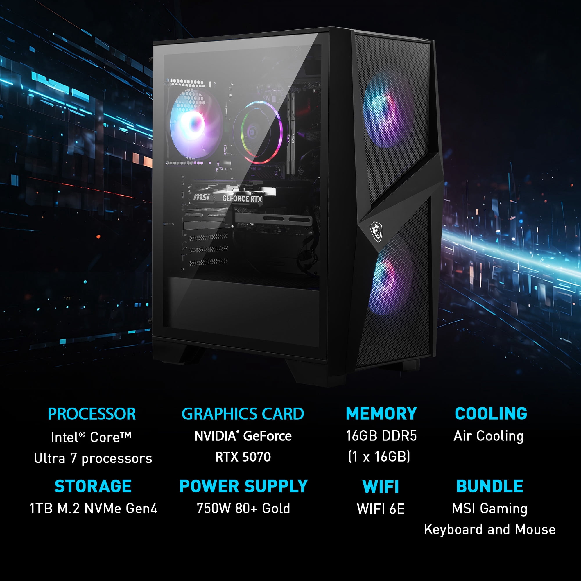 MSI Codex R2 AI Gaming Desktop Intel Ultra 7 265F NVIDIA RTX 5070 12GB - 16GB DDR5 1 TB SSD Win 11 Black