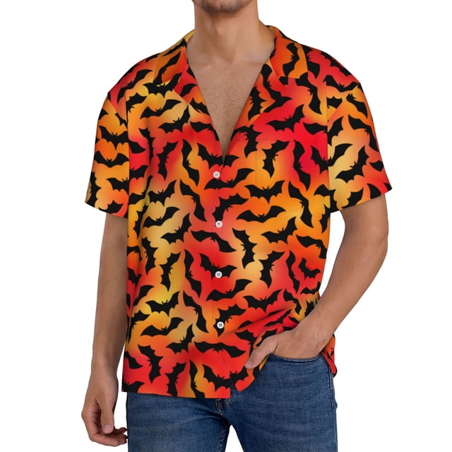 Balery Flying Black Bat Camisa Casual de Manga Corta con Botones para Hombre, Texturizada, Estilo Cubano, para Playa, Verano-4X-Large