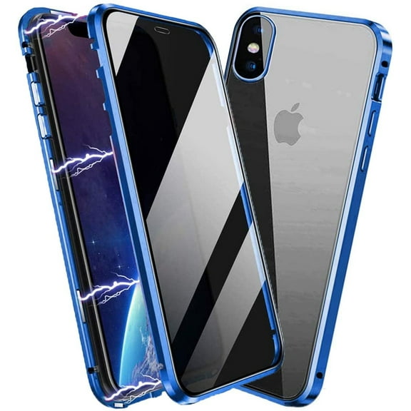 Anti Peep Magnetic iPhone XS Case - (Blue) Double Sided Privacy Tempered Glass Screen Protector Shockproof and Scratch Resistant Protection