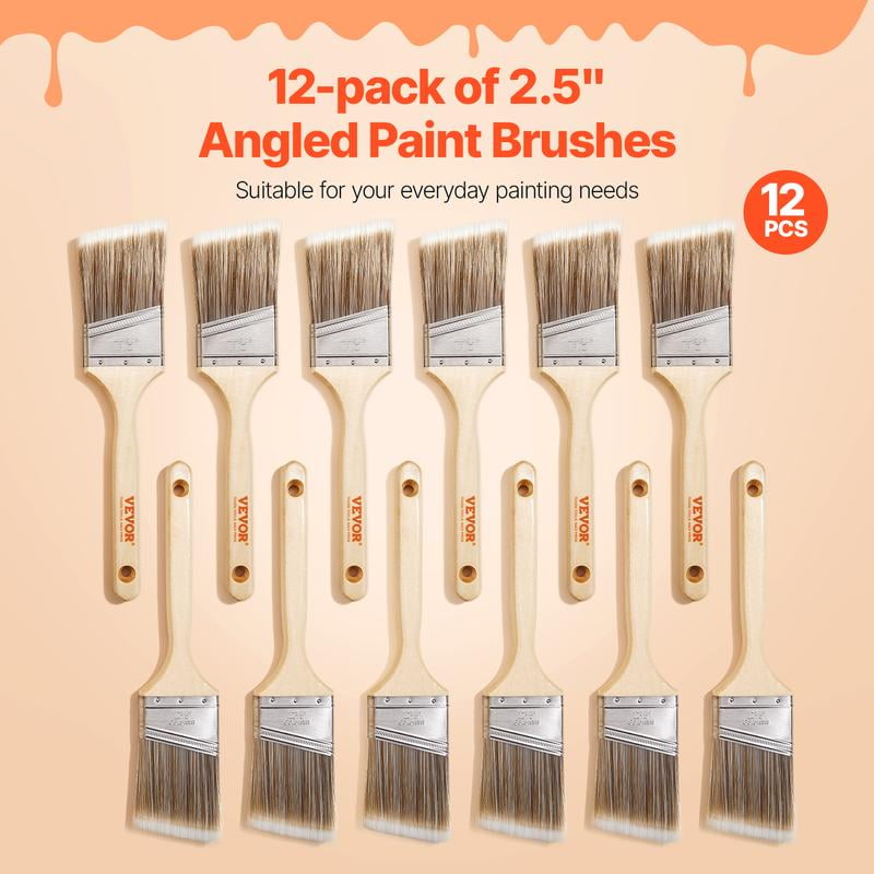 VEVOR Paint Brushes,  , 12 Piece Angle Paint Brush, Treated Wood Handle, Paint Brush Set for All Latex and Oil Paints & Stains, Wood Stain Brushes for Cabinets, Walls, Fences, Interior & Exterior Use