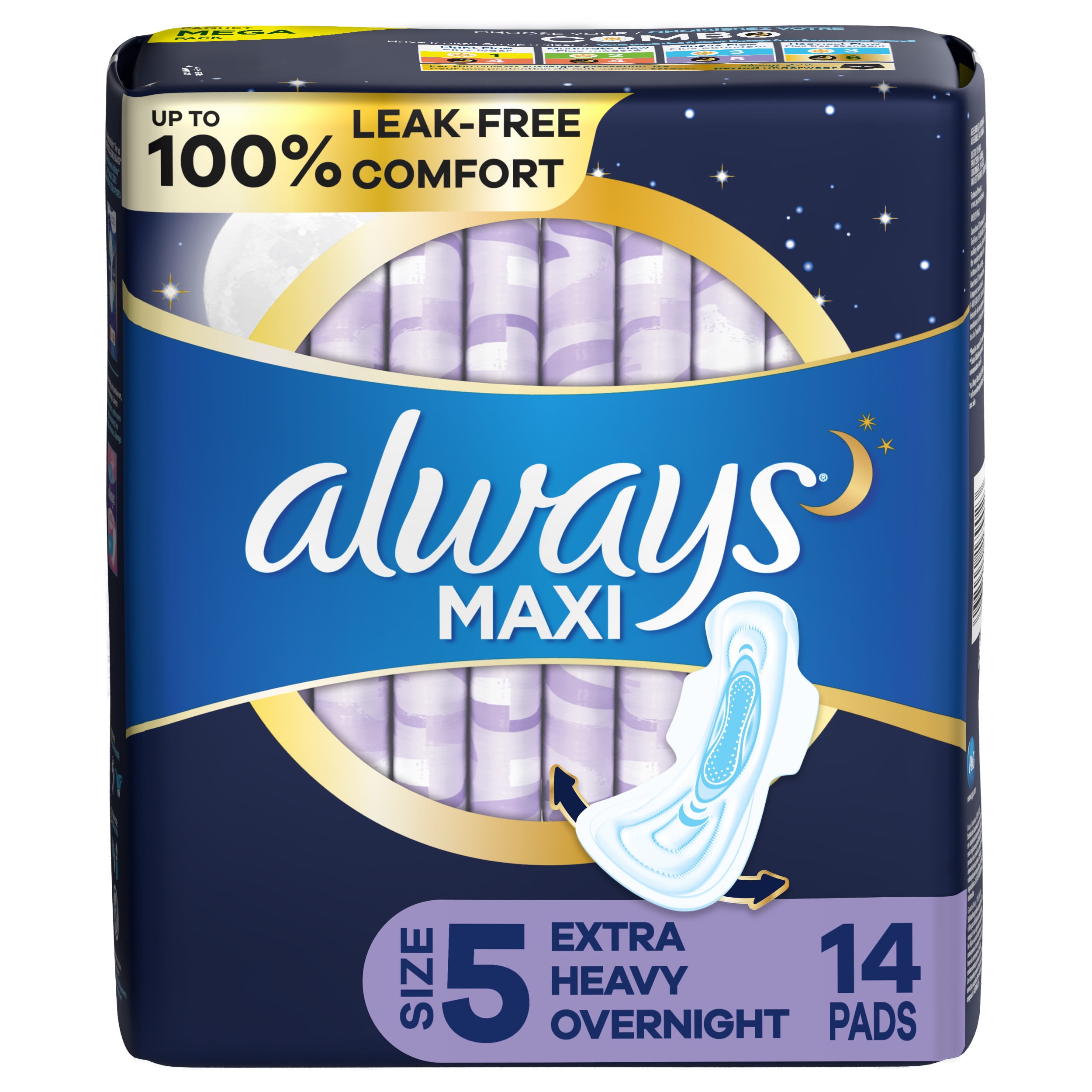 Always Maxi Overnight Pads with Wings, Size 5, Extra Heavy Overnight, Unscented 14 Ct