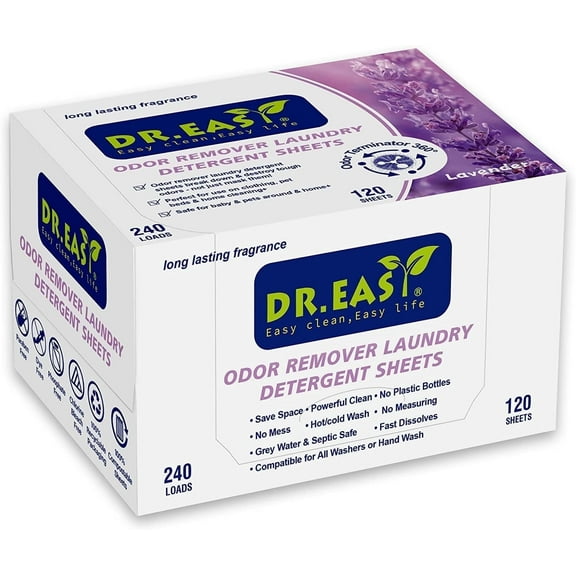 DR.EASY Laundry Detergent Sheets Lavender Scent, Biodegradable Formula No Dyes, 120 Count, 240 Loads