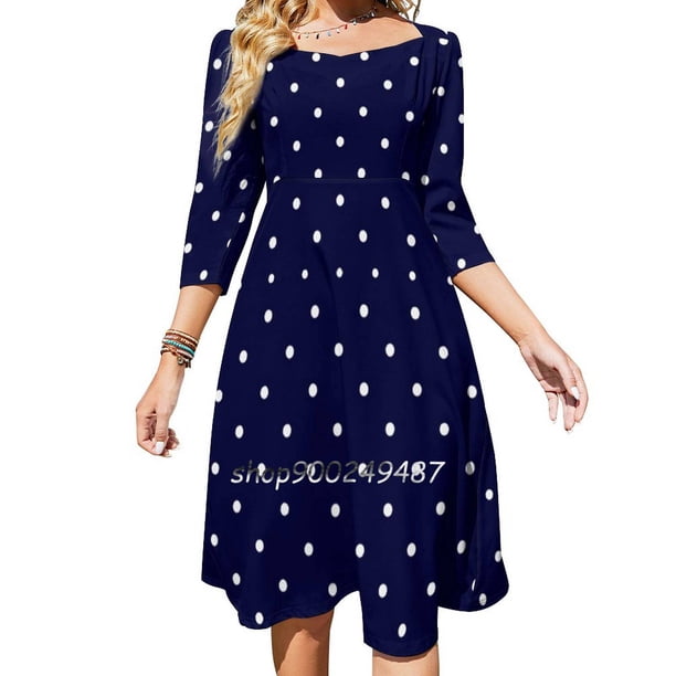 Vestido acampanado de lunares blancos y azul marino Vestido de cuello cuadrado Vestido elegante de moda femenina Vestido estampado Azul marino Lunares azul marino