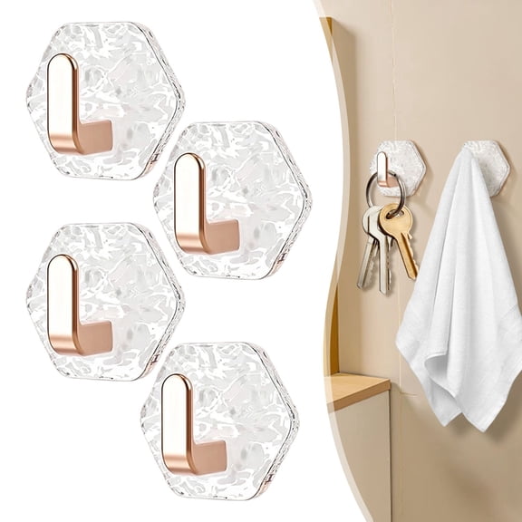 4PCS Water Ripple Self-Adhesive Wall Hooks, Drill-Free Waterproof Heavy-Duty Holders for Bathroom Kitchen Towels, Keys & Small Household Items