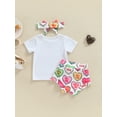 thumbnail image 4 of Seyurigaoka Baby Girl Summer Clothes Set Short Sleeve Round Neck T-Shirt + Colorful Letter Heart Print Shorts + Headband for 0-24 Months Toddler Kids, 4 of 8