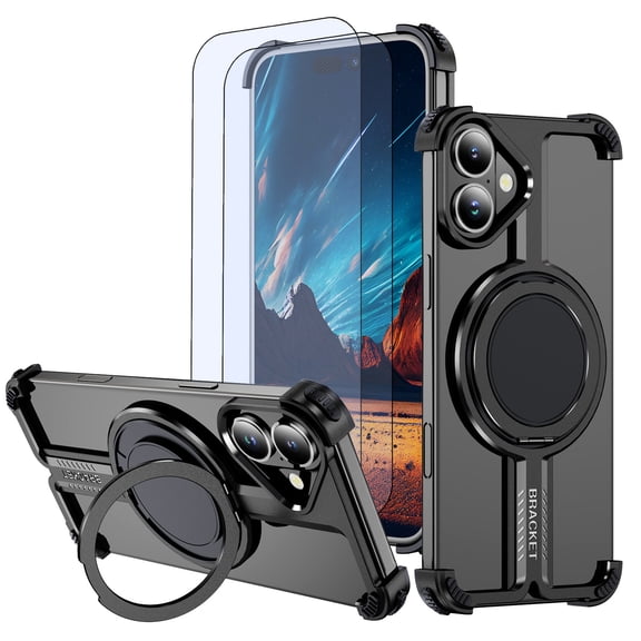Hotpom for iPhone 16 Plus Frameless Metal Case 2 Pack Screen Protector, 360° Rotation Kickstand, Slim Shockproof Thin Bumper cover, Black