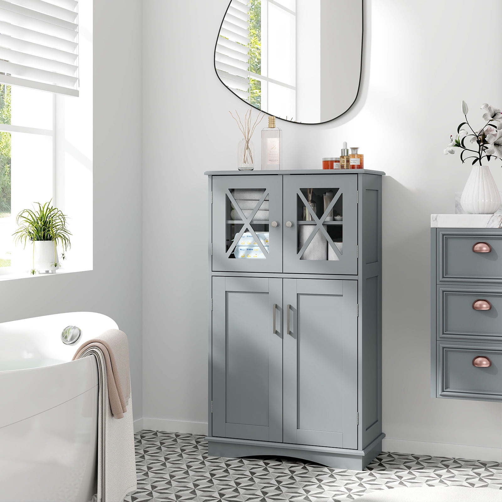 Giantex Bathroom Floor Storage Cabinet, Freestanding Linen Cabinet w/3 Adjustable Shelves, Grey