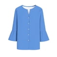 thumbnail image 7 of thefmos Women's Summer 3/4 Sleeve V Neck Button Down Blouse Casual Solid Basic Pullover Tops Dressy Loose Fit Vacation Fashion Clothes, Blue L, 7 of 7