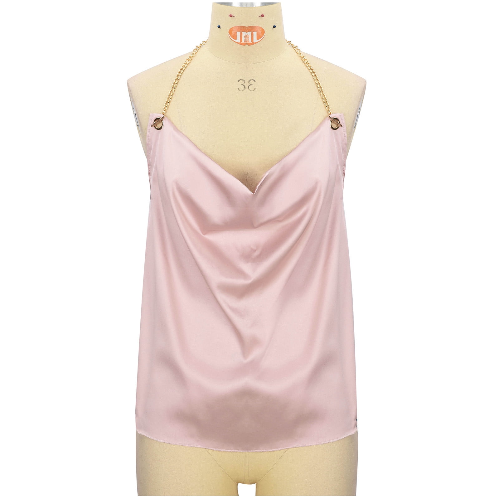 Xysaqa Women's Satin Cowl Neck Halter Tops Metallic Chain Strap