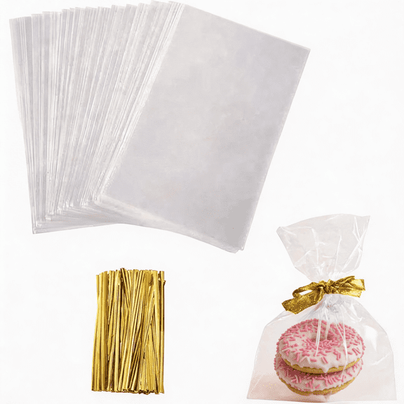 100 Pack Small Clear Cellophane Treat Bags 4x6 Inch with Twist Ties for Candy, Cookies, Gifts, Jewelry, Samples, and Craft Packaging