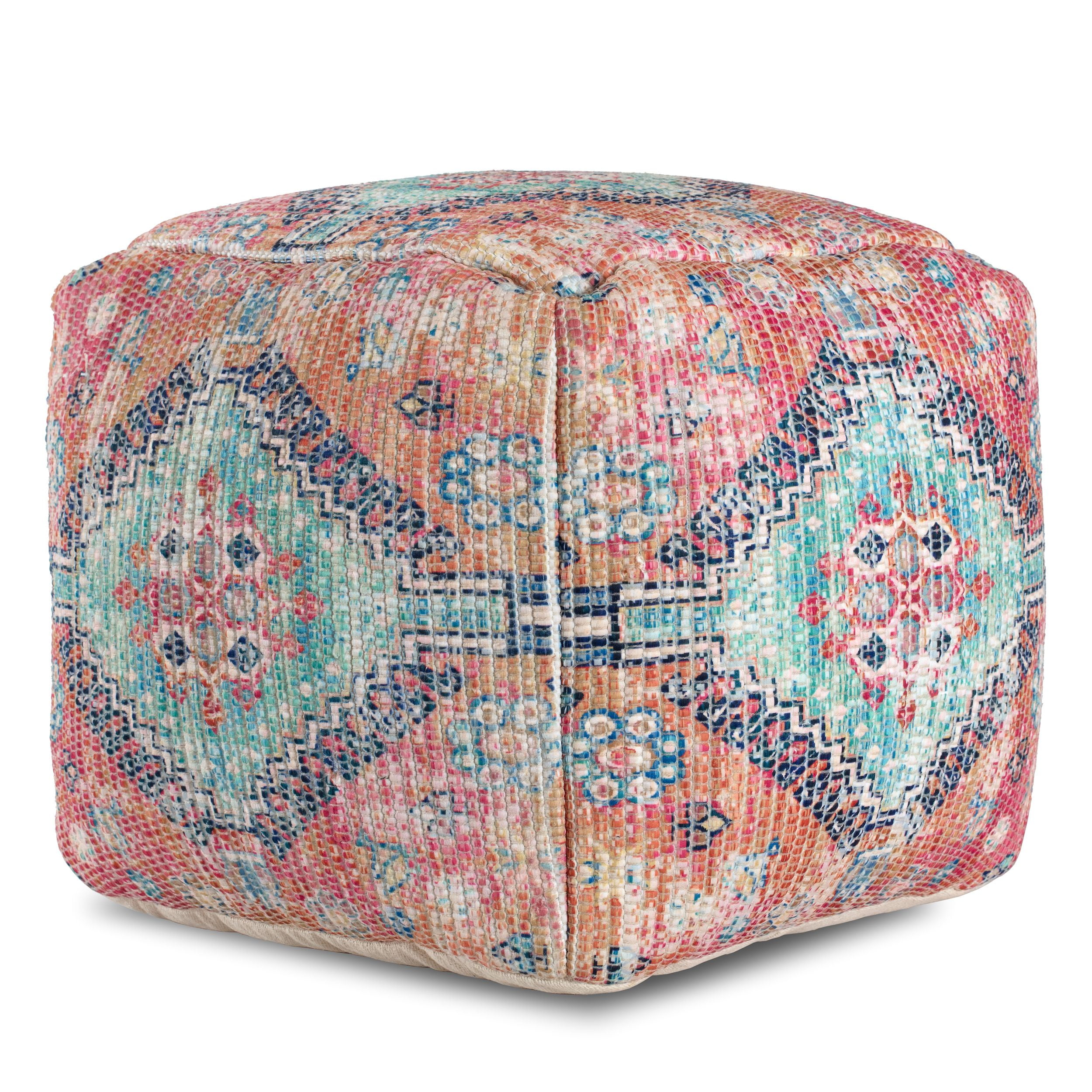 Bohemian Medallion Hopi Recycled Polyester 20" Square Pouf Ottoman Red