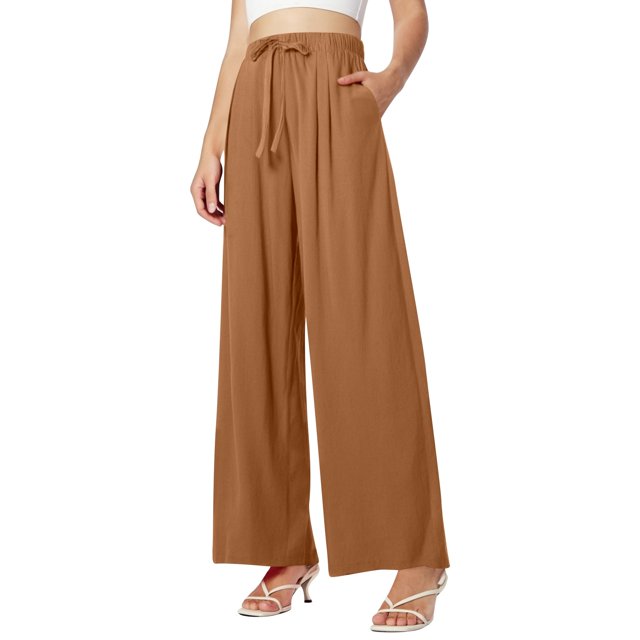 Women's Summer High Waisted Drawstring Linen Wide Leg Beach Pants with Pockets, Comfortable, Casual, Pure Color, Loose Fit for Vacation