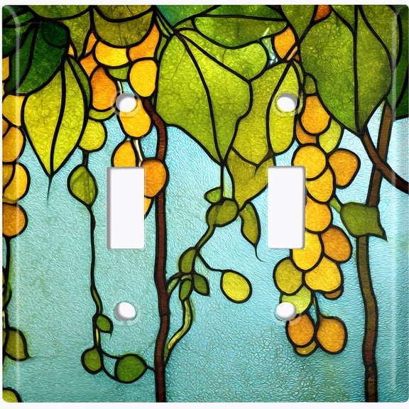 Metal Light Switch Wall Plate Outlet Cover (Printed Image of Stained Glass Grapevine and Leaves - Double Toggle)