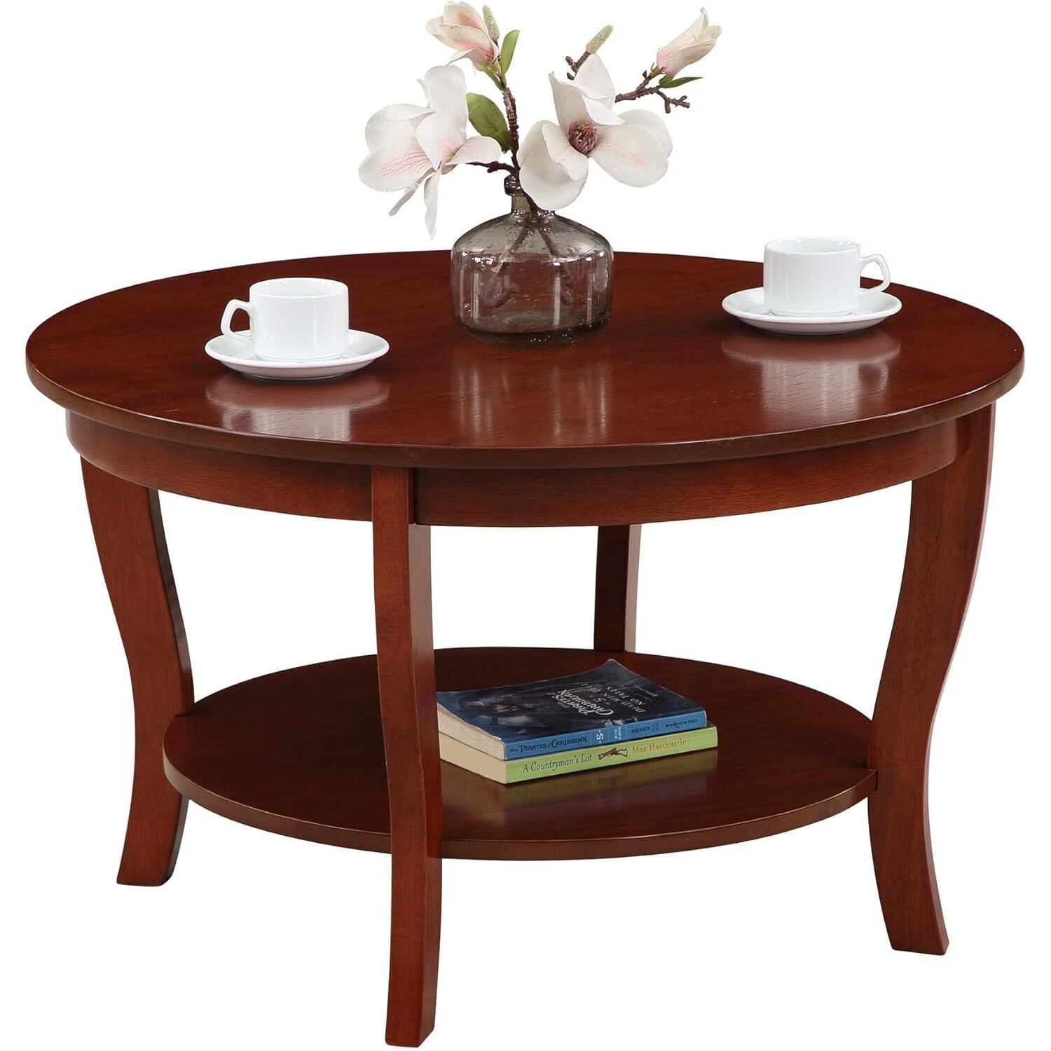 Convenience Concepts American Heritage Round MDF Coffee Table with Shelf, Mahogany