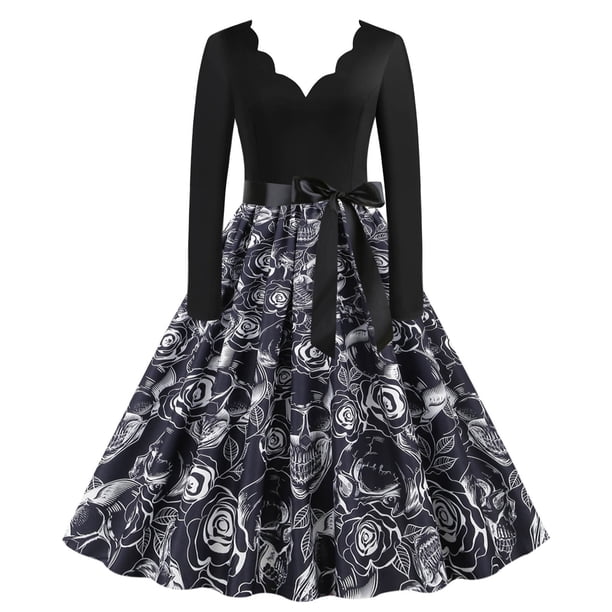 Vestido ajustado de mujer con estampado de calavera y cuello en V de manga larga para mujer a la moda de Halloween Pompotops hdfakjf7815