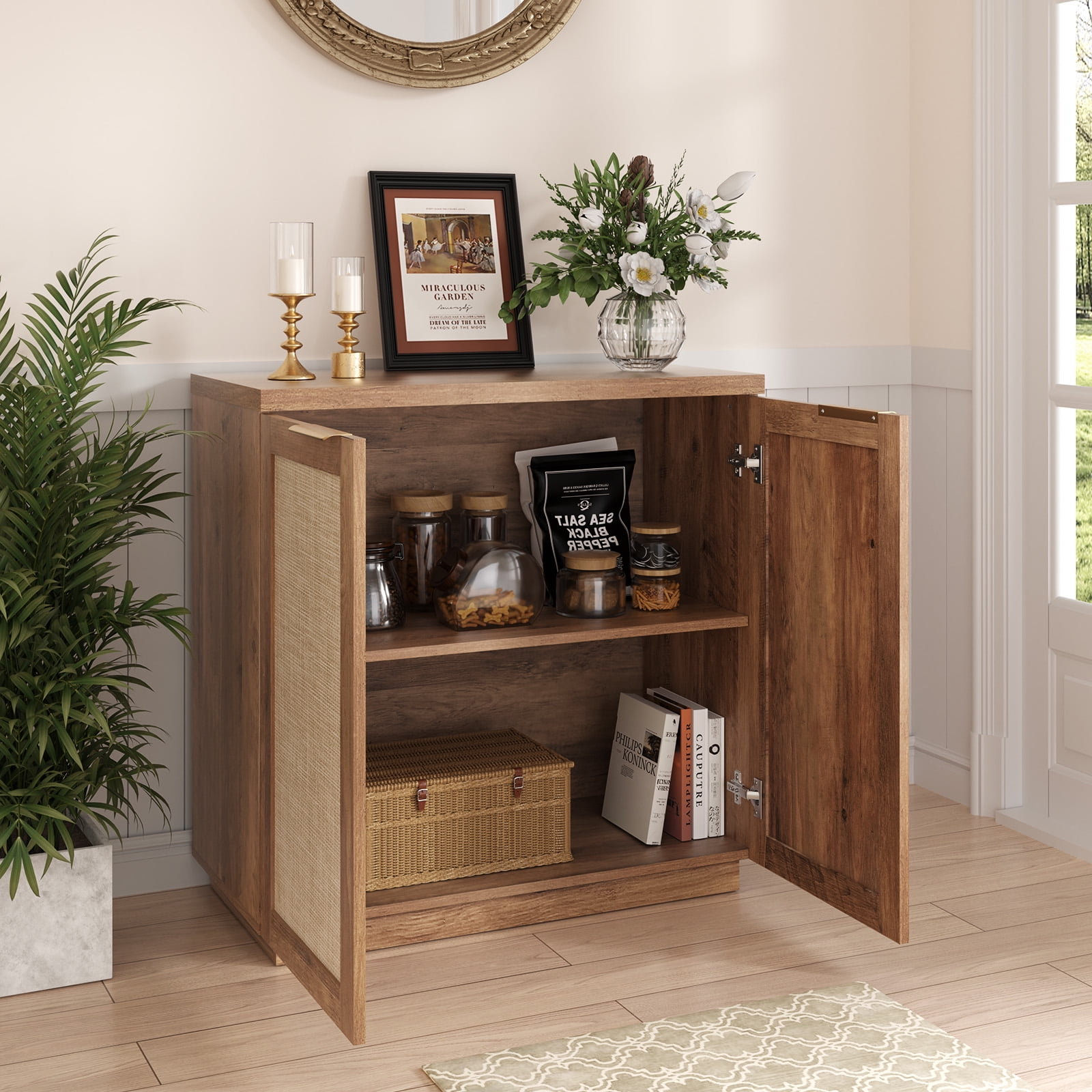 Hommpa Sideboard Buffet Cabinet Rattan Kitchen Storage Organizer Boho Farmhouse Accent Cabinets TV Console for Living Dining Room Coffee Bar for Party Holiday Festival Christmas Gift, Brown