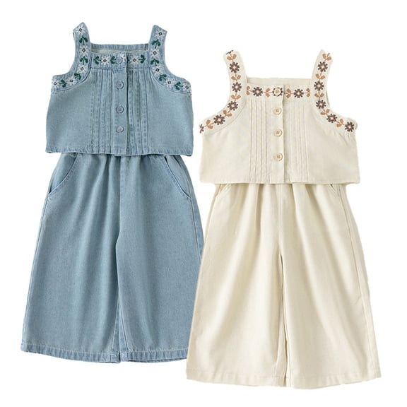 LYMAYTER Toddler Kids Girls Vest Denim Shirt Dress Set Baby Summer Casaul Jeans Outfits 1-8Y