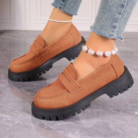Women s Retro Solid Color Chunky Loafers  Round Toe Slip On Shoes  All-Match Faux Leather Shoes