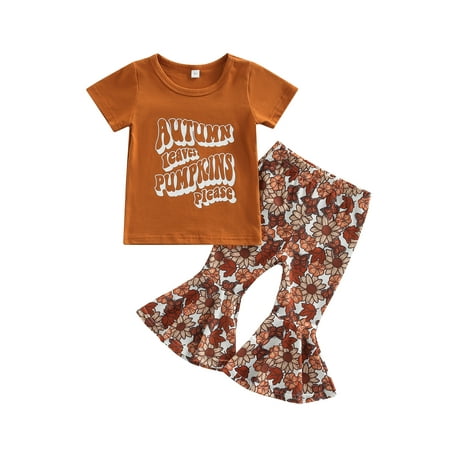 

Frobukio 2Pcs Kids Little Girls Outfits Round Collar Short Sleeve Letter Tops + Floral Printing Long Flare Pants Brick Red 2-3 Years