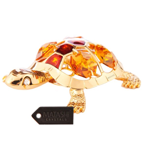 Matashi 24K Gold Plated Turtle Ornament with Topaz Enamel and Genuine Crystals – Elegant Home Décor Gift