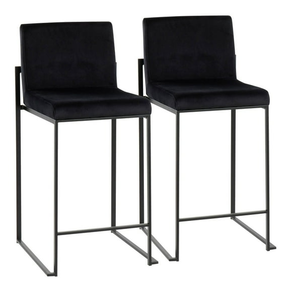 Fuji Contemporary High Back Counter Stool In Black Steel And Black Velvet - Set Of 2