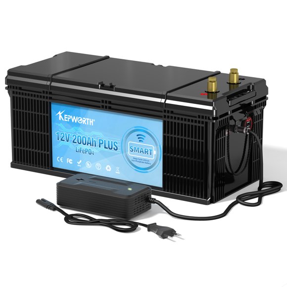KEPWORTH Pile LiFePO4 12V 200Ah Piles au Lithium avec BMS 200A, Cellules LiFePO4 Grade A, Plus de 4000+ Cycle Profond, Piles Rechargeables au Lithium Fer Phosphate