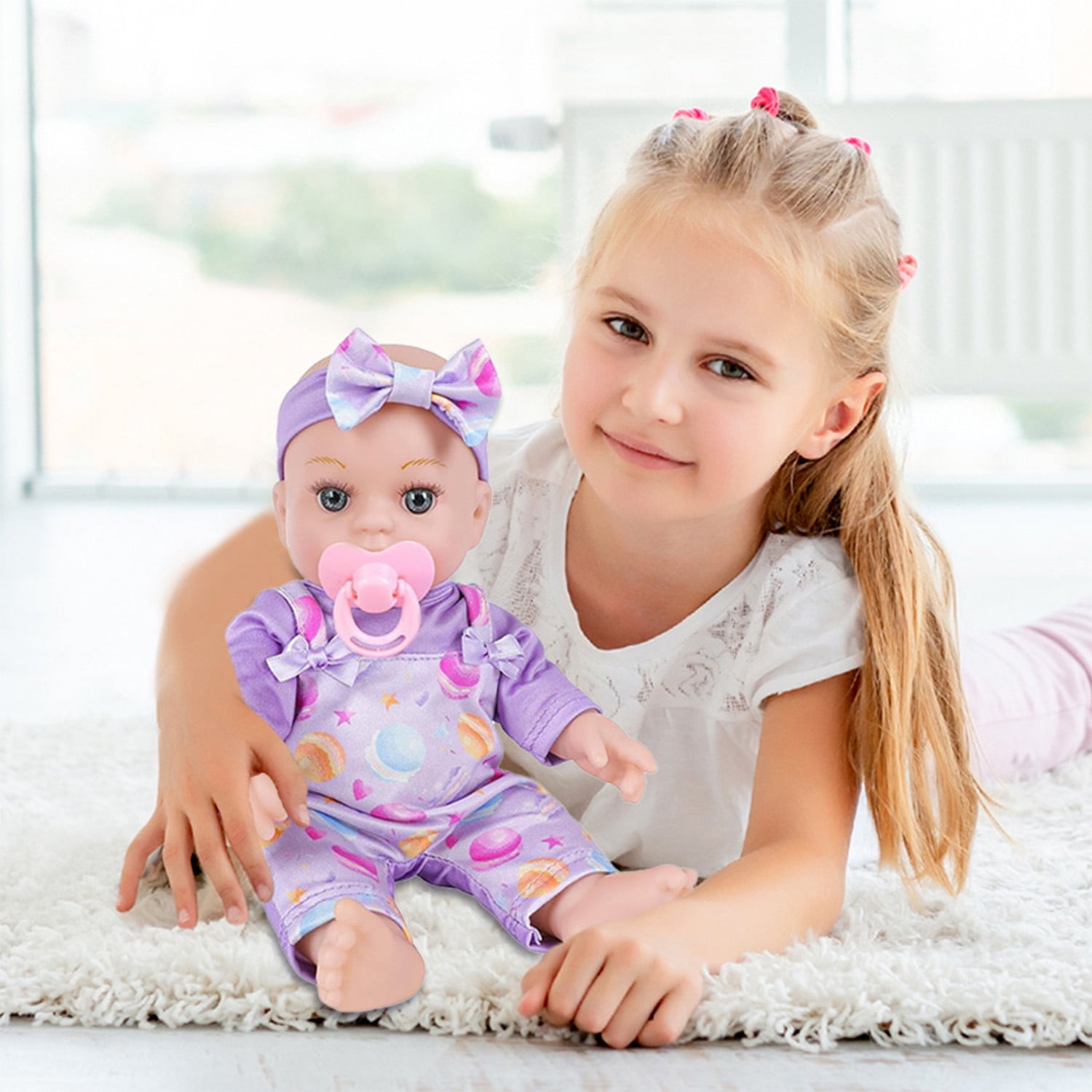 LINXUXIE Baby Doll Set with Diaper & Pacifier, Pretend Play Toy with Flower Pattern Backpack Carrier, Birthday Gifts for Kids 3-5 5-8 8-12 Year Old