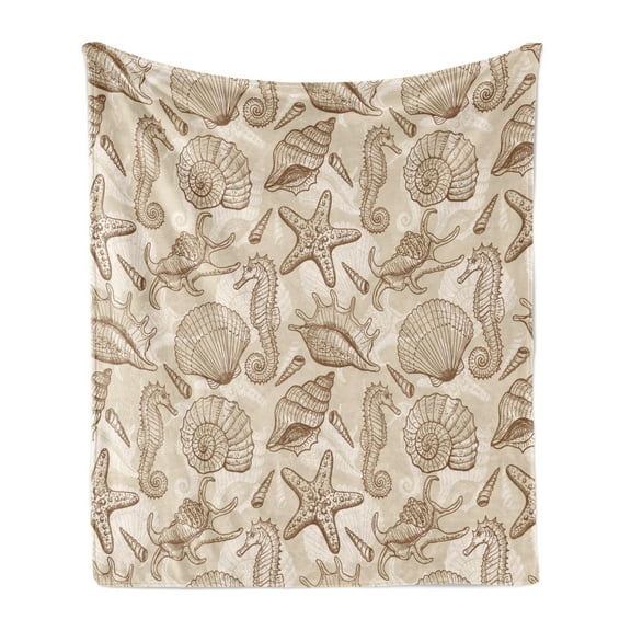 Beige Soft Flannel Fleece Throw Blanket, Exotic Marine Animals in Retro Style Illustration Shells Starfish Seahorse Contemporary, Cozy Plush for Indoor and Outdoor Use, 50" x 60", Beige, by Ambesonne