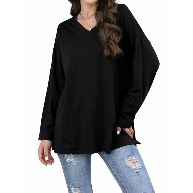 Womens Tops Long Sleeve V Neck Casual Tunic Tops Basic Shirts Loose Fit Blouse