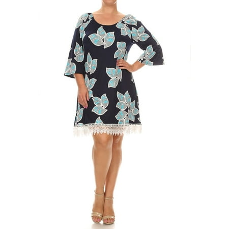 Women's trendy style PLUS SIZE print 3/4 sleeve midi dress.