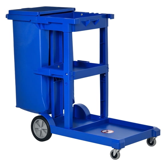 Chariot d'Entretien Ménager Bleu à 3 Niveaux sur Roulettes – Caddie de Nettoyage Commercial avec Sac à Ordures et Support pour Vadrouille pour Hôtel, Bureau, Restaurant – 47,8 Pouces L x 20 Pouces L