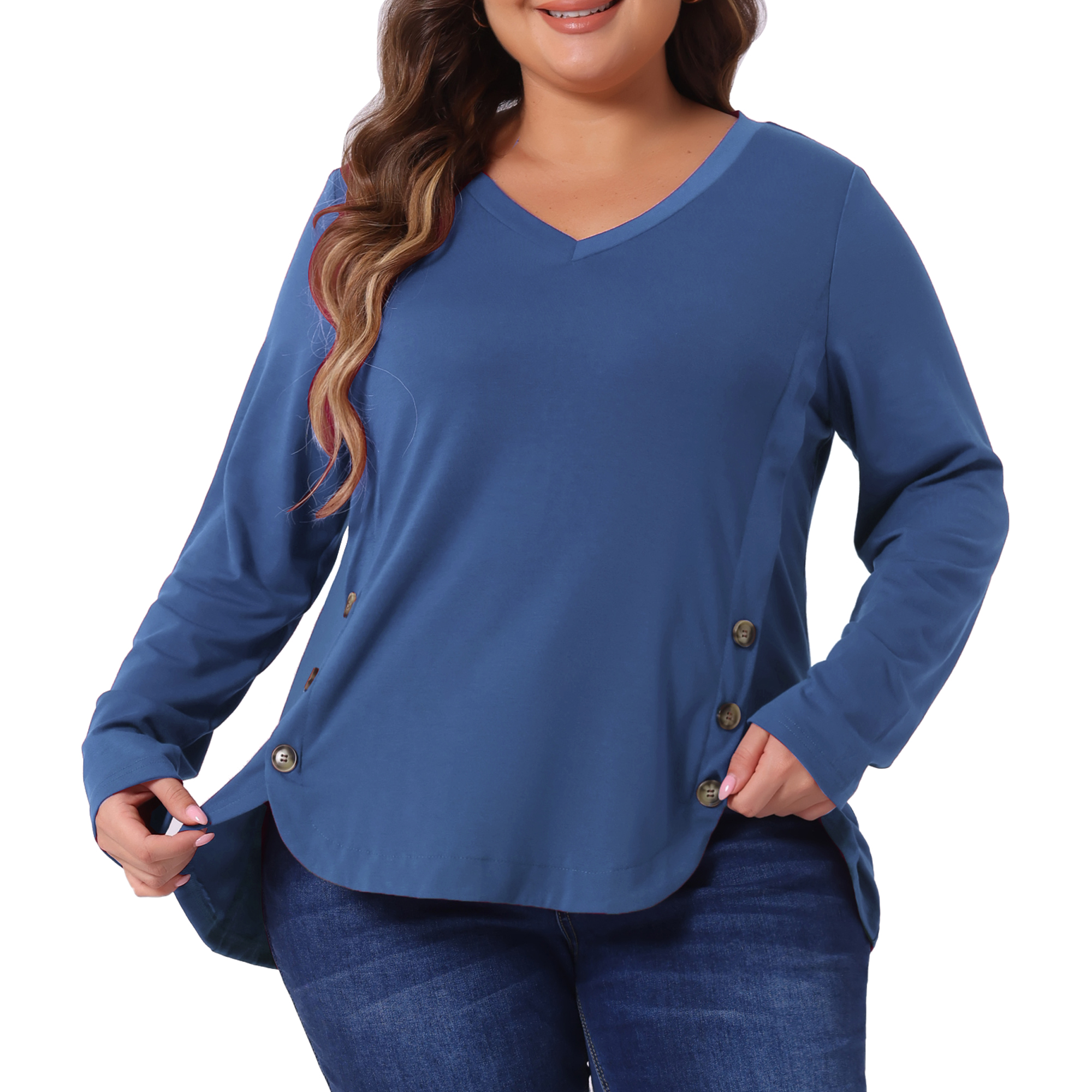 DARING DIVA Women's Plus Size Long Sleeve Button Side Swing Blouses 3X Blue